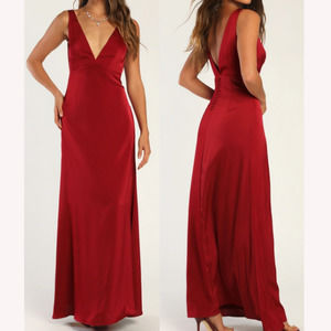 LULU'S SZ M Appetite for Extravagance Wine Red Satin Button-Back Maxi Dress 0B13